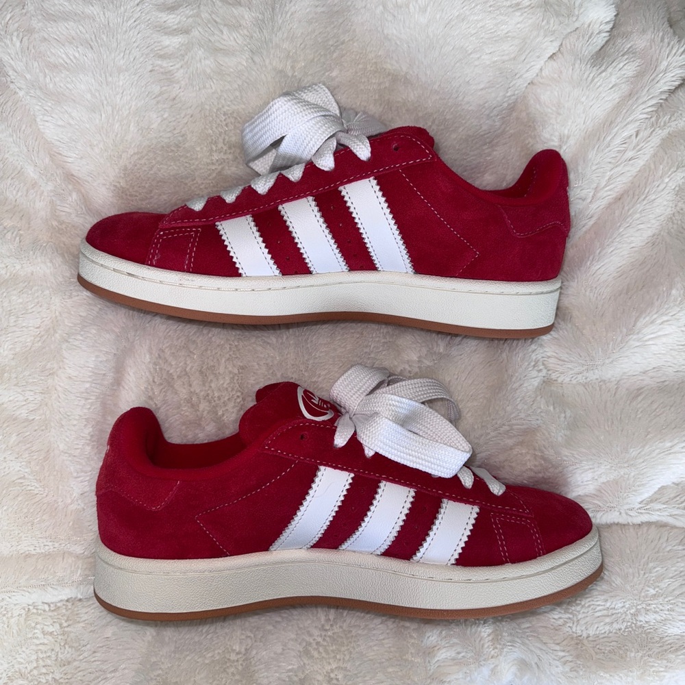 Never Word Adidas Scarlet and White Suede Campus Sneakers